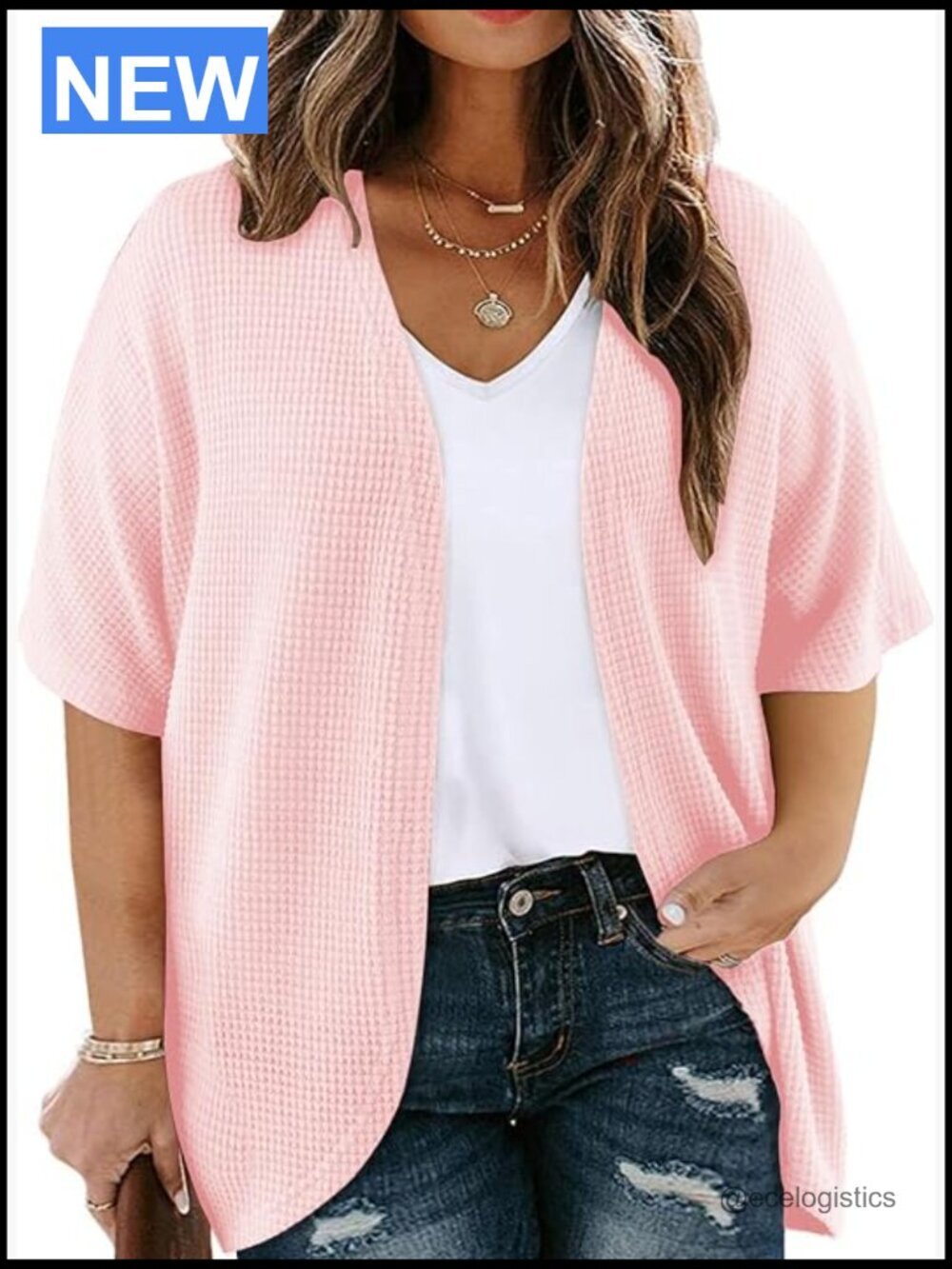 Plus Size Cardigan Waffle Knit Kimono Open Front Short Sleeve Swimsuit Cover Up